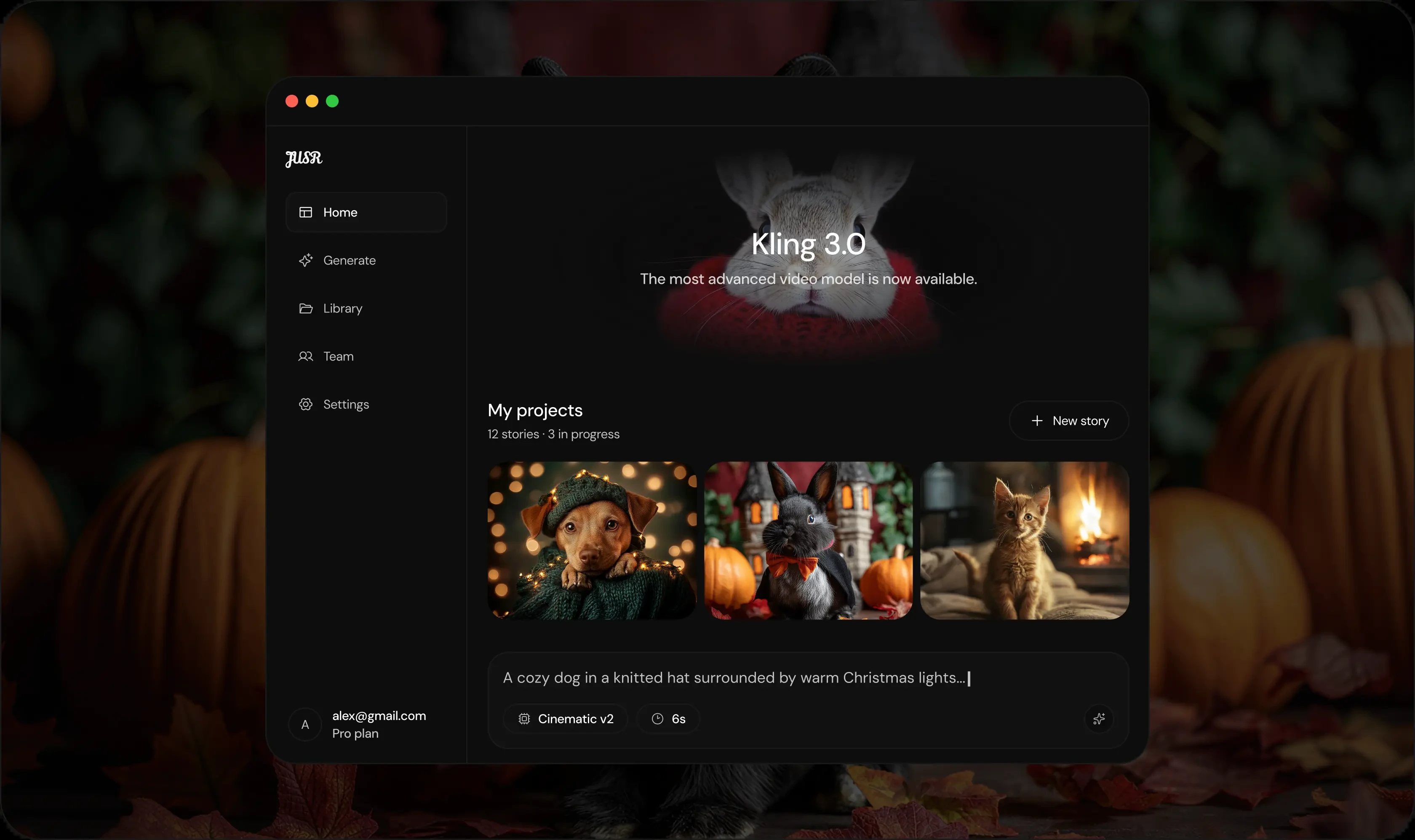 JUSR dashboard showing Kling 3.0 model with cozy autumn animal projects