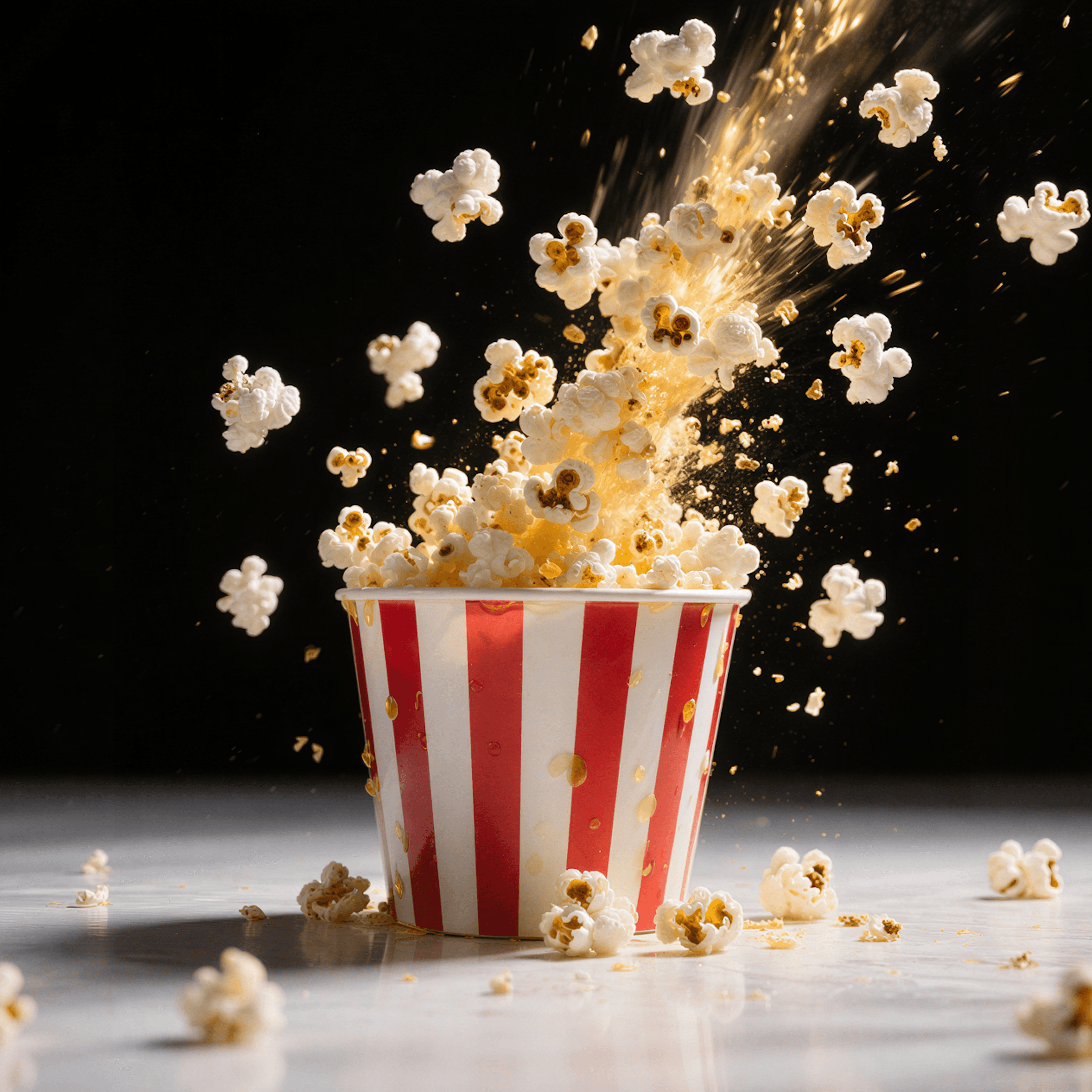 AI-generated popcorn video frames — prompt preview in JUSR