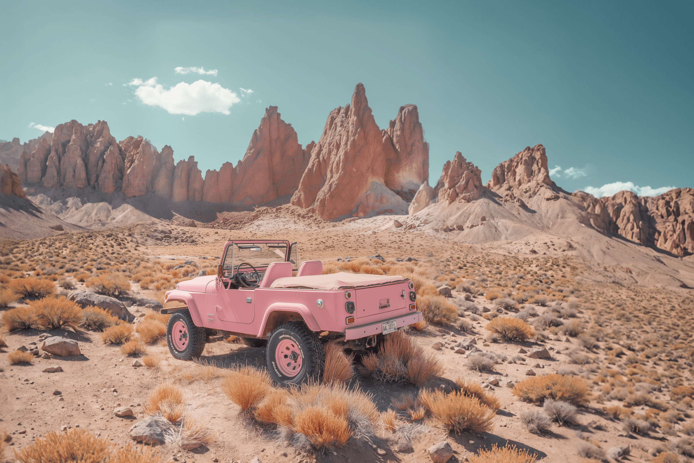 Pink off-road truck in a desert canyon, cinematic wide shot — AI generated with JUSR