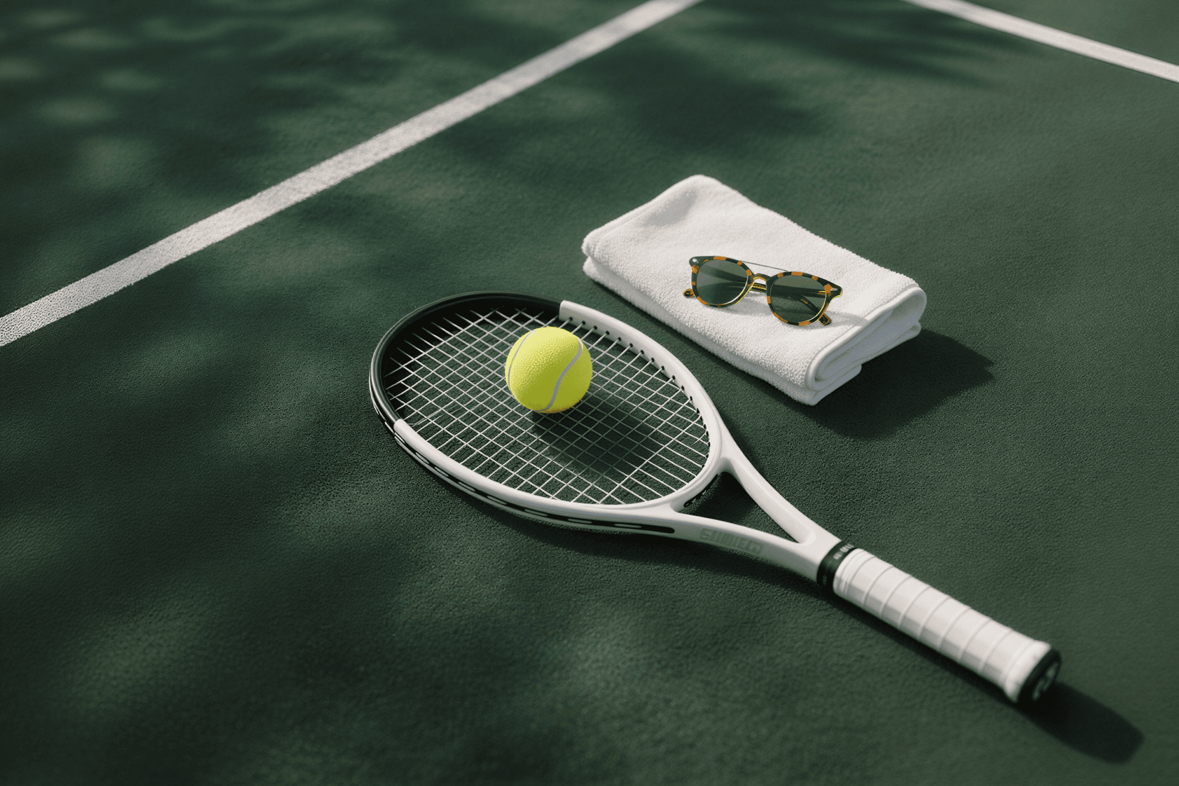 Tennis racket and ball on a green court, aerial view — AI generated with JUSR