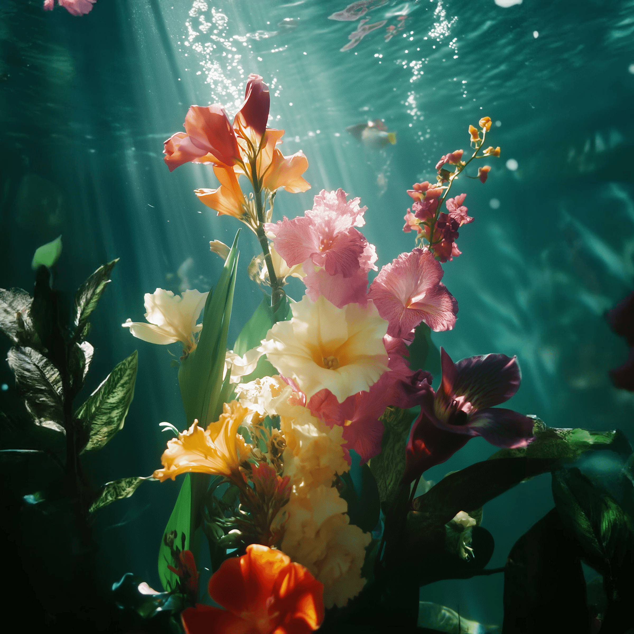 Underwater flowers swaying in slow motion, cinematic teal tones — generated with JUSR