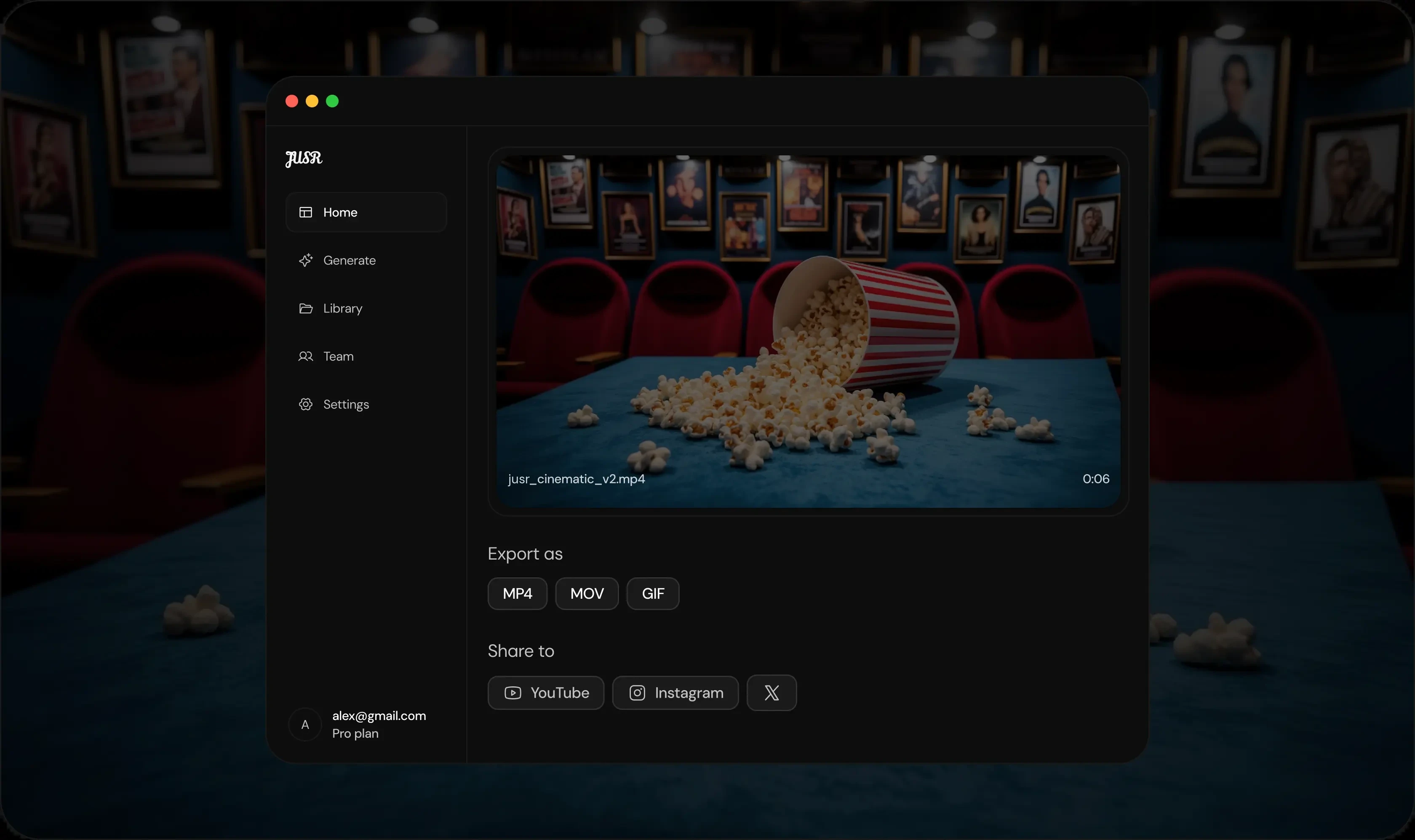 JUSR dashboard showing video export panel with MP4, MOV, GIF options