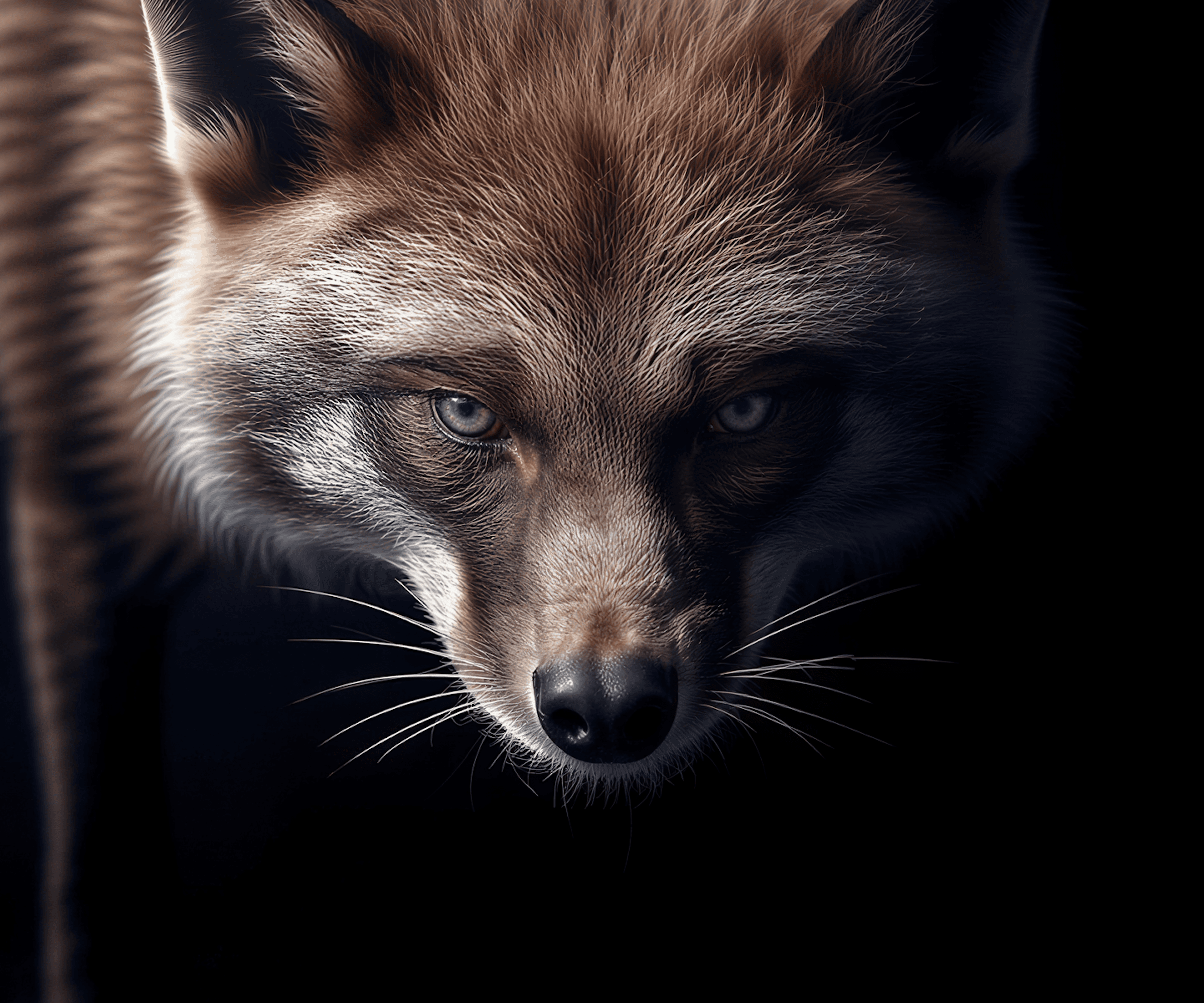 Close-up of a fox face, cinematic dark portrait — AI generated with JUSR
