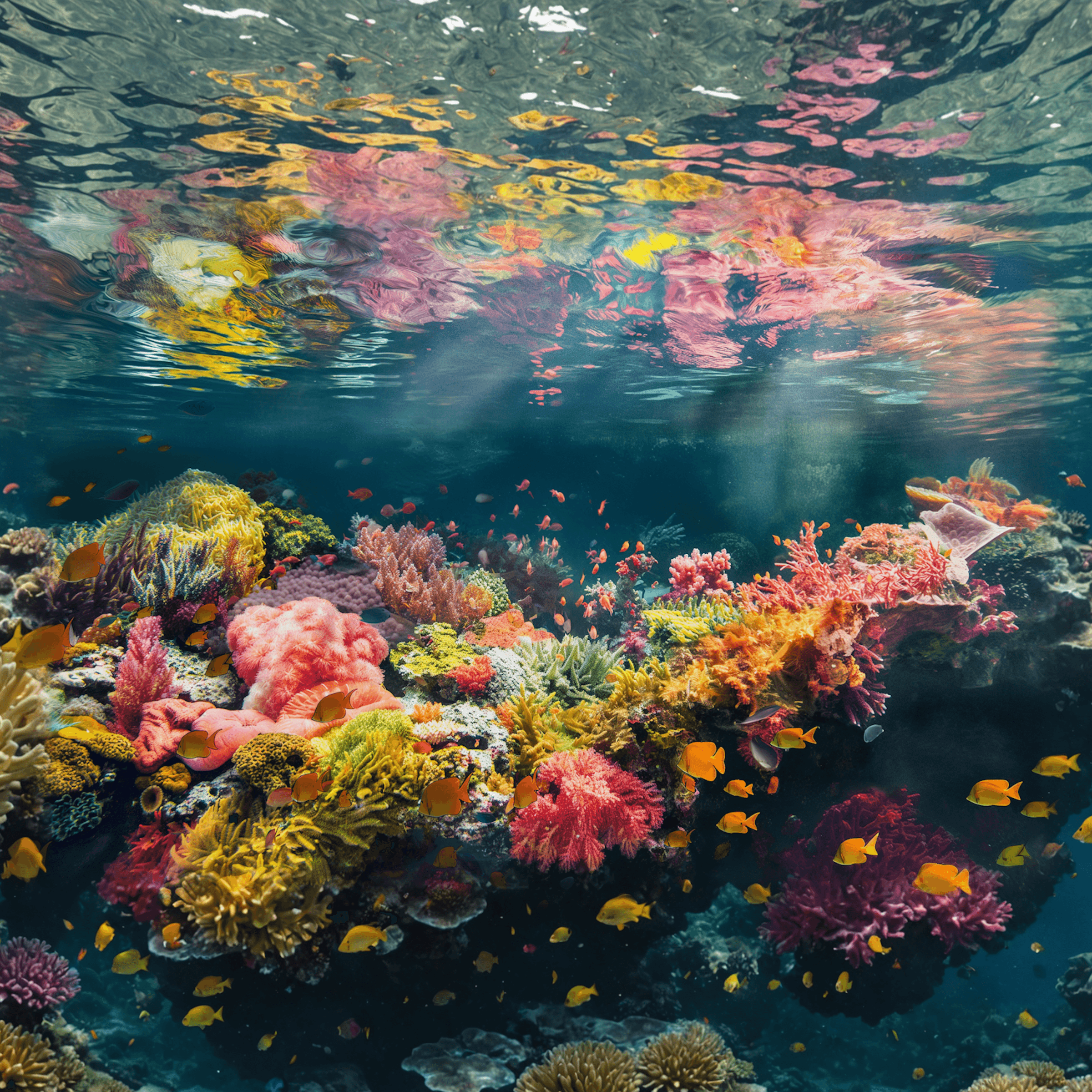 Colorful coral reef with exotic fish, dramatic underwater scene — generated with JUSR